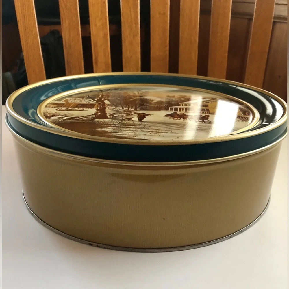 Currier & Ives 'American Homestead Winter' Decorative tin - Teal & Gold